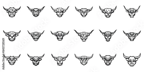 Fototapeta Black and White Yak and Highland Cow Head Icon Collection