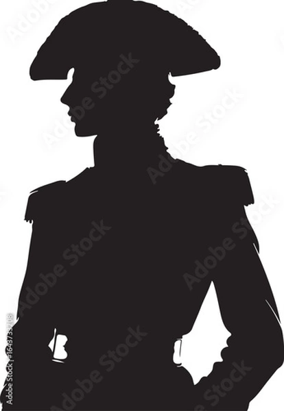 Fototapeta A black silhouette of a 1800 russia fashion man wearing a tricorn hat and what appears to be a military-style jacket, standing in profile view with hands clasped in front.
