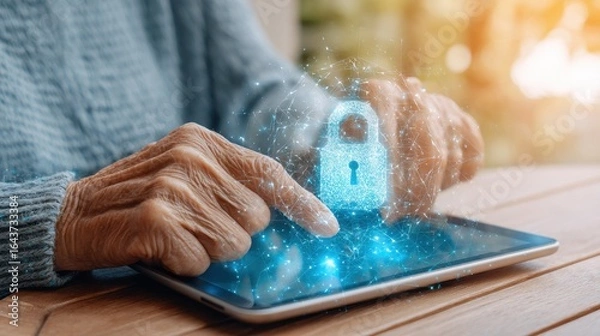 Fototapeta Cybersecurity for seniors concept. Senior hands using tablet with digital security concept overlay.