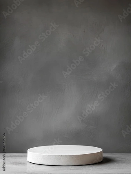 Fototapeta A white cylindrical platform rests on a grey textured surface