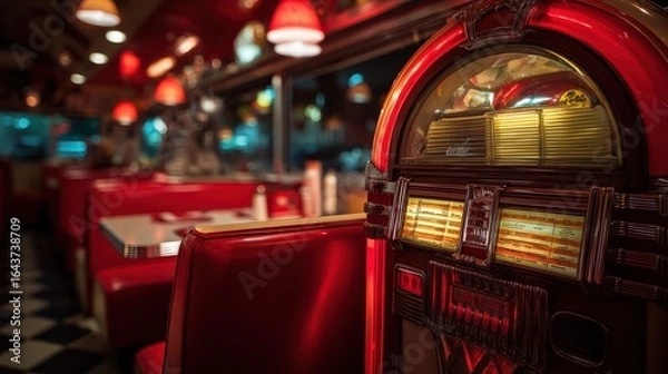 Fototapeta Classic American diner with vintage jukebox playing music, retro chrome and red vinyl interior, warm nostalgic lighting, shot with 24mm wide angle lens, vibrant retro color grading with enhanced reds 