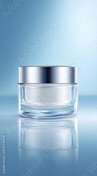 Fototapeta Clear glass jar with silver lid, containing white cream, reflected on a blue surface