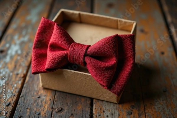 Fototapeta Red Bow Tie in Gift Box on Rustic Wooden Surface