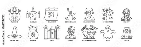 Obraz Halloween Icon Set – Spooky Elements like Zombie Hand, Coffin, Mummy, and More. Icon Outline Style