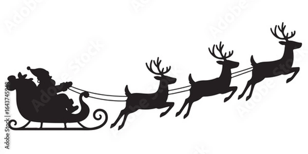 Fototapeta Santa Claus on sleigh flying sky with reindeers black vector silhouette , Silhouette of santa claus