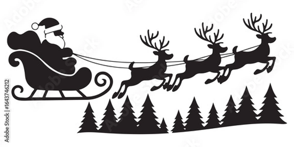 Fototapeta Santa Claus on sleigh flying sky with reindeers black vector silhouette , Silhouette of santa claus