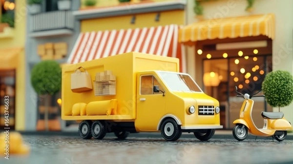 Fototapeta E-commerce idea featuring a delivery service via mobile app, with transportation by truck or scooter. 3D render.