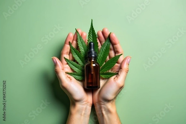 Fototapeta CBD Oil Dropper Bottle Held in Hands with Cannabis Leaf