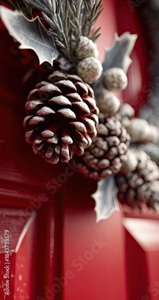 Obraz Close-up of a Christmas wreath on a red door