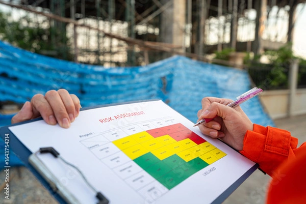 Fototapeta Action of a project manager is writing on risk assessment matrix form to rating the risk of house building structure or building quality (as blurred background. Industrial working scene, close-up.
