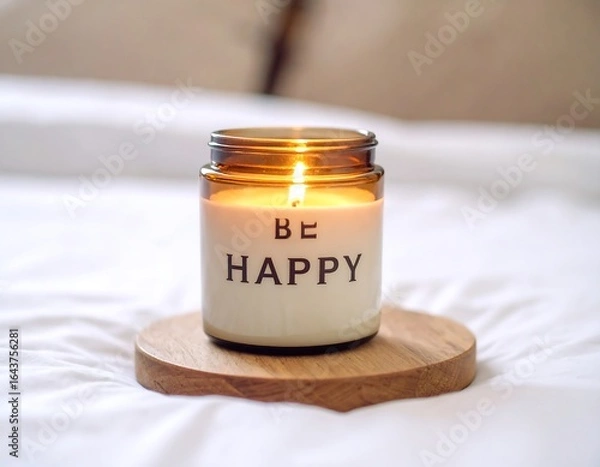 Obraz A lit candle on a bed, with the words "BE HAPPY" on it. Soft, warm light