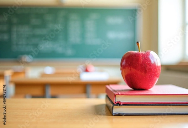 Fototapeta Textbooks and red apple lying on wooden school desk against university classroom background, layout with space for text, concept of school, education, return to school supplies. 