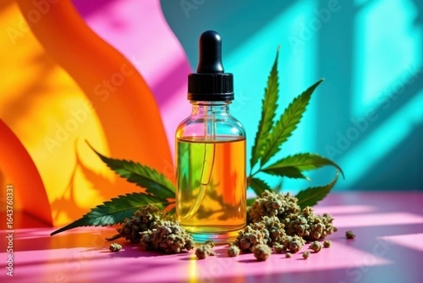Fototapeta CBD Oil Bottle with Cannabis Buds and Leaf on Colorful Background