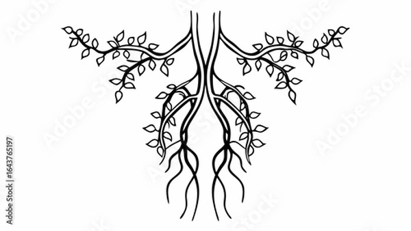 Fototapeta Stylized tree with symmetrical branches and roots in black and white line art illustration style