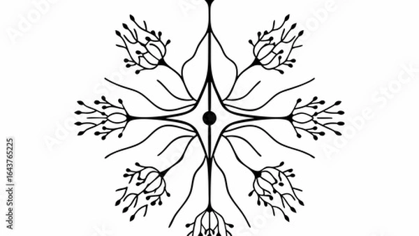 Fototapeta A symmetrical abstract design featuring branching lines and a central dot with floral elements around it