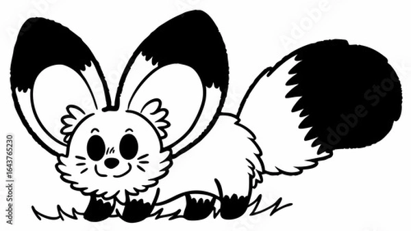 Fototapeta Cartoon fennec fox with large ears and fluffy tail standing on grass in black and white outline style
