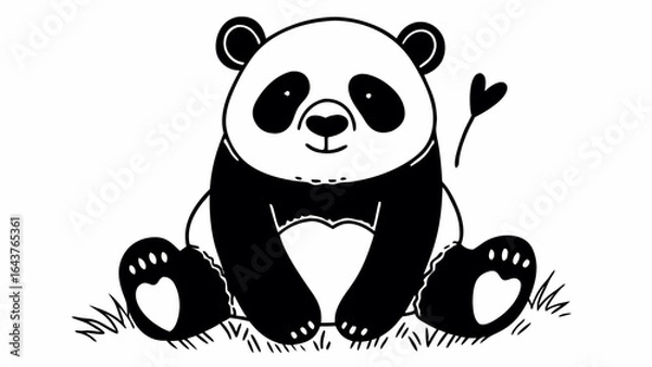 Fototapeta A cute panda bear sitting on grass with a small heart shape floating near the panda bear drawing