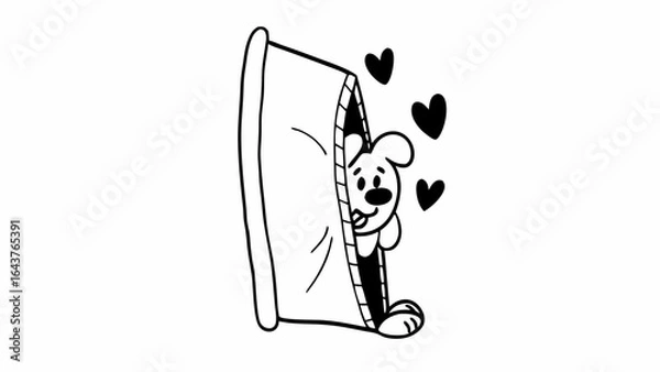 Fototapeta A cute dog peeking out of a dog house with hearts floating around it in a black and white illustration