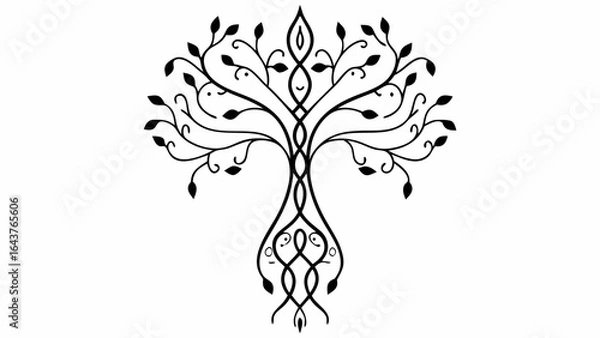 Fototapeta Stylized tree with intricate branches and leaf details in a symmetrical black and white design art