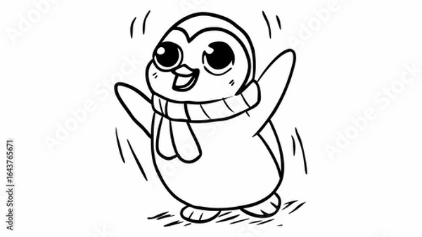 Fototapeta A cheerful penguin with a scarf waving its wings and standing on the ground in a black and white drawing