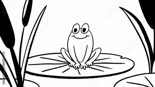 Fototapeta A cartoon frog sitting on a lily pad surrounded by cattails in a black and white line drawing style