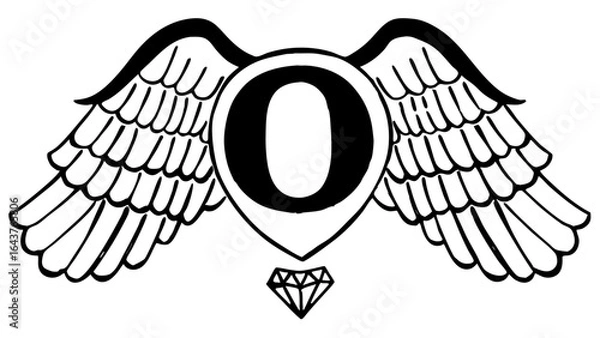 Fototapeta Letter o in a shield with wings and a diamond beneath it in a black and white illustration style
