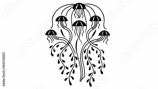 Fototapeta Stylized jellyfish arrangement with trailing vines in black and white graphic design style