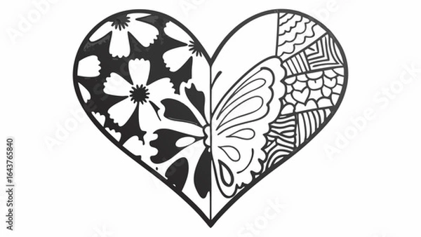 Fototapeta Heart shape divided with floral, butterfly wing and abstract pattern in black and white illustration