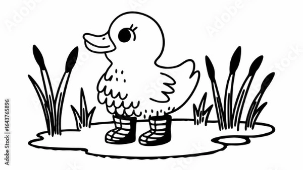 Fototapeta A cartoon duck wearing boots standing in a puddle surrounded by reeds and grass in black and white