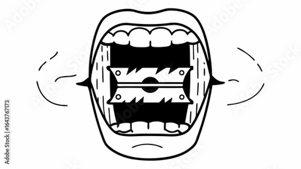 Fototapeta Open mouth with teeth and razor blade inside in black and white line art illustration style drawing art