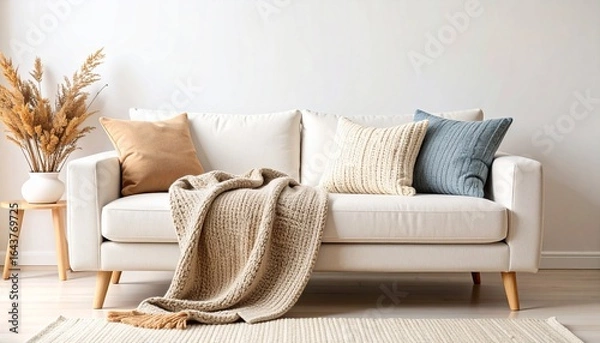Fototapeta ソファーと手編みのニットのブランケット