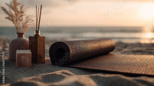 Fototapeta Minimalist beach scene with yoga mat, diffuser, and candle, symbolizing holistic health, balance, and eco-conscious living