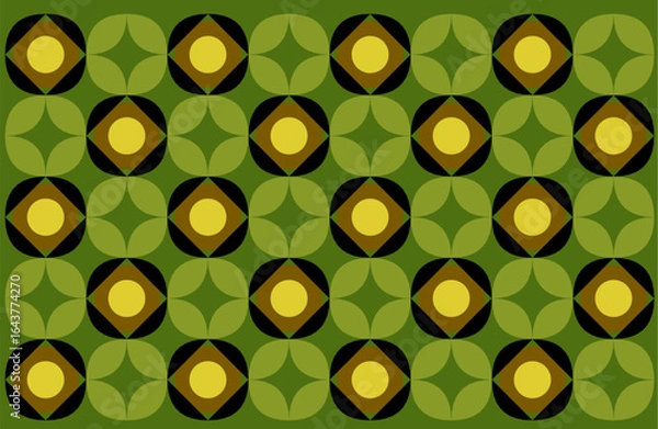 Fototapeta Floral background design art with flower design. An Indonesian ethnic batik style with geometric patterns in a vibrant green and gold color scheme.