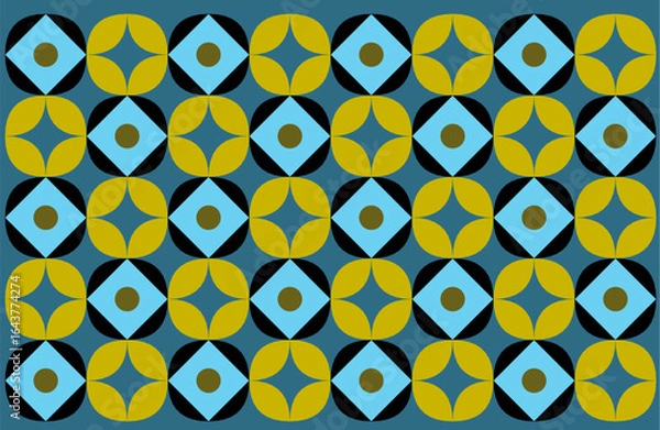 Fototapeta seamless pattern with yellow flowers. An ethnic Indonesian batik style with a repeating geometric pattern in a gold, blue, and black color scheme. Floral background design art 