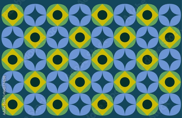 Fototapeta seamless pattern with yellow flowers. An Indonesian ethnic batik style with geometric patterns and a cool blue and yellow color palette. Floral background design art 