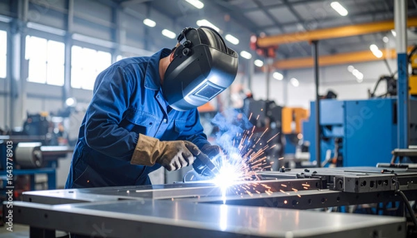 Fototapeta Welder working with metal producing sparks in an industrial setting