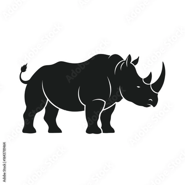 Fototapeta Silhouetted rhinoceros standing on a white background, its form boldly outlined,Rhino silhouette with distinctive horn and stocky build against a plain backdrop