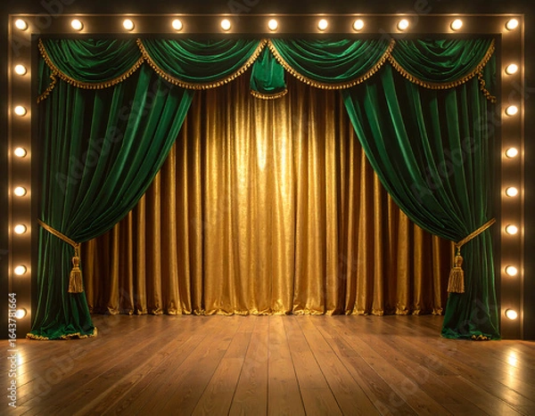 Obraz A theatrical stage with draped green curtains, gold trim, and gold backdrop, illuminated by bright lights above.