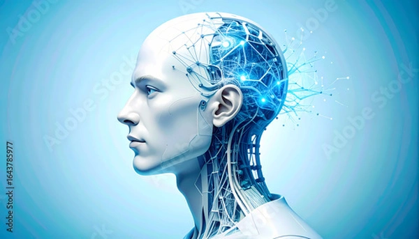 Obraz Digital profile of a human head with illuminated artificial intelligence circuits