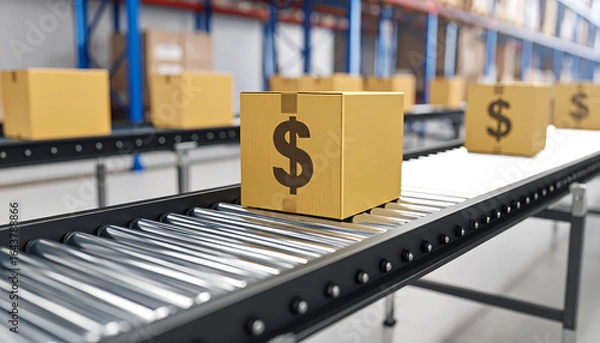 Obraz Dollar sign box on conveyor belt