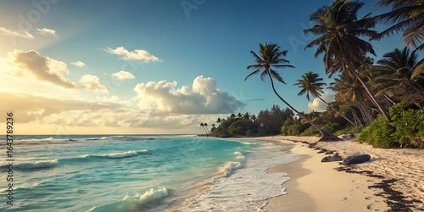 Fototapeta Serene Tropical Sunset: Vibrant ocean waves caress a pristine white sand beach, framed by lush palm trees silhouetted against a breathtaking golden sunset sky; idyllic paradise, tranquil escape
