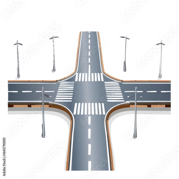 Fototapeta Four way road junction with crosswalks and streetlights urban design top view