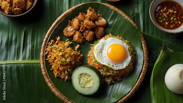 Obraz Enjoy delicious fried rice with sunny side up egg, fried chicken, and fresh cucumber slice for lunch