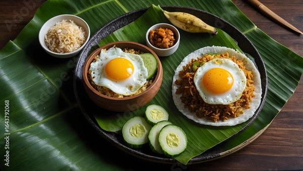 Obraz Indonesian Nasi Goreng Fried Rice Breakfast Delights Served on Banana Leaf Plates Ready to Eat