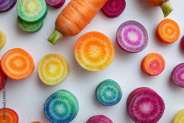 Fototapeta Rainbow carrot slices on white, vibrant cross-sections with radial rings
