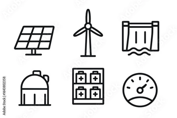 Fototapeta Renewable energy sources and technology icons representing solar, wind, and hydro power systems for sustainable future