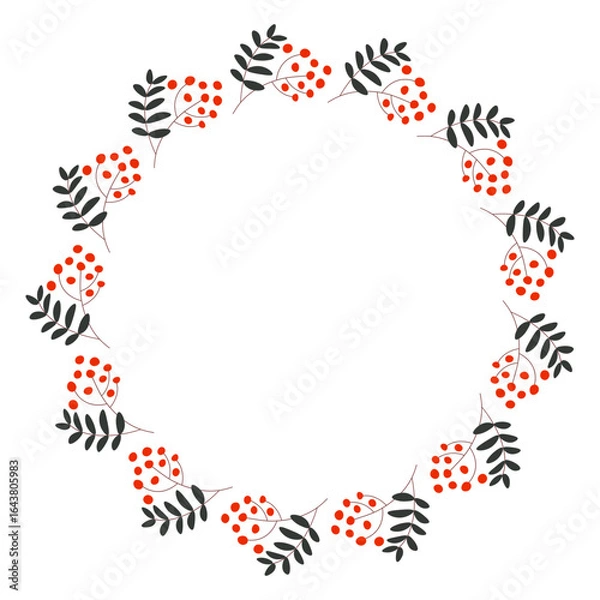 Fototapeta Autumn rowan berry wreath. Circle frame template for greeting cards or prints. Cozy flat illustration.