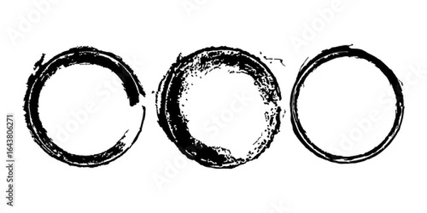 Obraz Set  of  black rough paintbrush  strokes. Circular label, logo, text frame, banner, emblem, badge. Grunge design element. Isolated. Distress texture. Ink brush strokes	