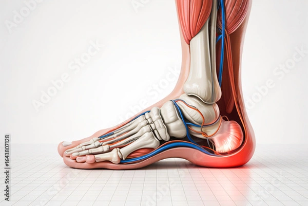Fototapeta Highly Detailed 3D Medical Illustration of Human Foot Anatomy with Bones, Muscles, and Nerves, Realistic 3D Rendering of Foot Skeleton and Ankle Structure for Medical Education, Side View Medical 