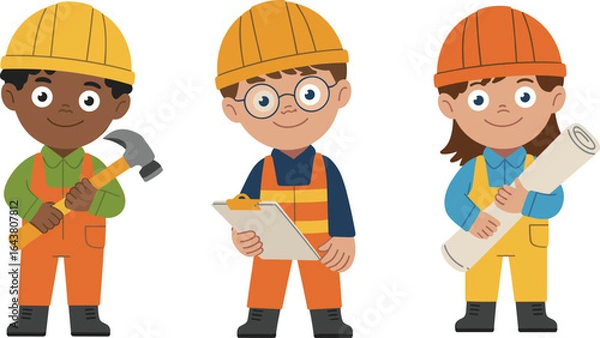 Fototapeta Cartoon kids in construction outfits, child workers with tools, safety helmets, blueprints, diverse young builders, engineering learning concept